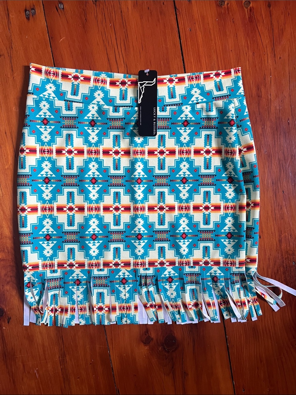 Lucky & Blessed Turquoise Aztec Fringe Mini Skirt